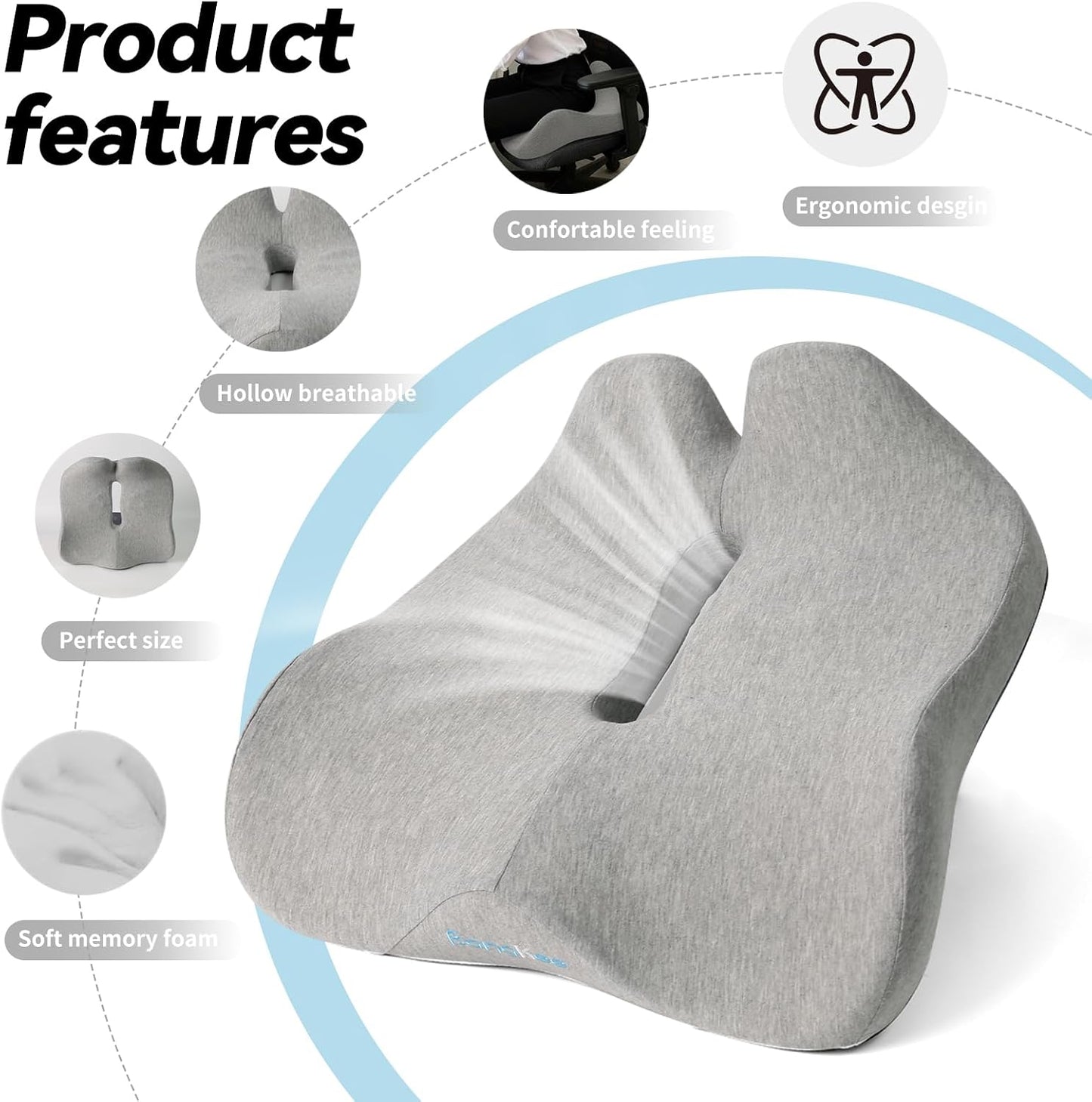 18x16 Inch Memory Foam Seat Cushion for Office, Car, Travel | Grey Chair Cushions with Removable Cover, Non-Slip Bottom and Carry Handle