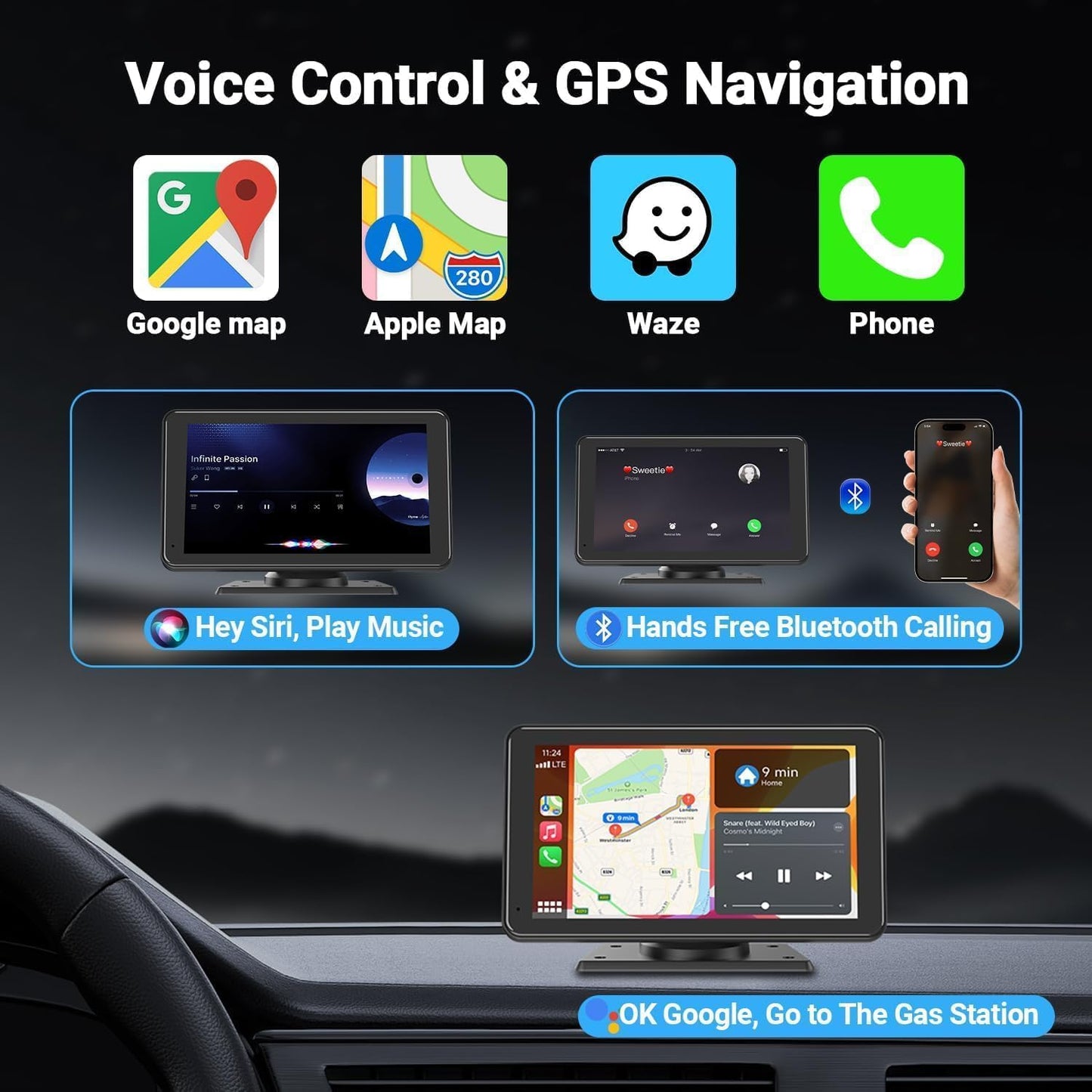 Carplay Wireless Portable Touchscreen Car Stereo Bluetooth Voice Control 7" for Apple Car Play & Android Auto Car Audio HD Screen with 1080p Backup Camera GPS Navigation/Mirror Link Fits All Cars
