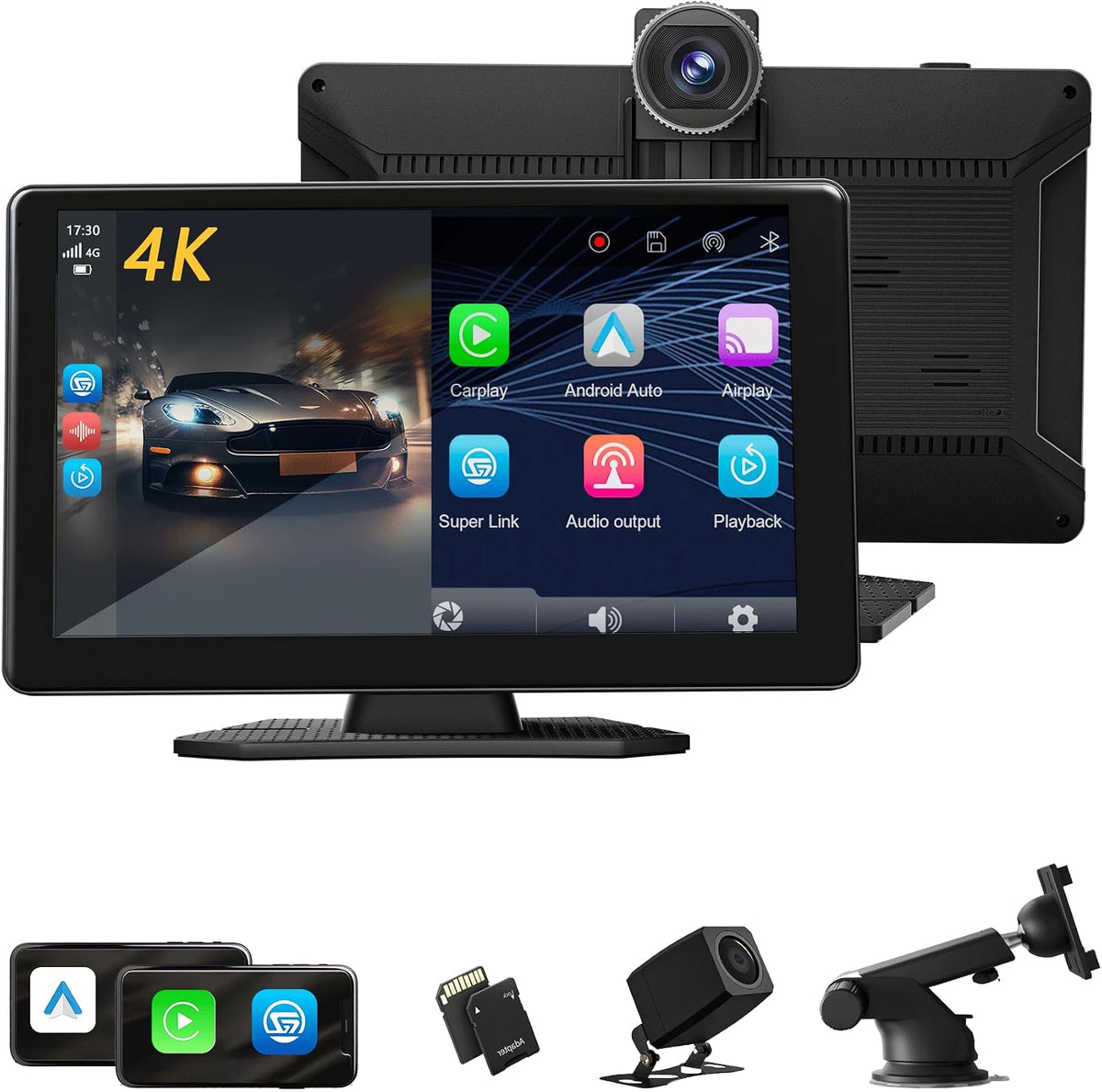 XBAY 9" Carplay Screen for Car, Support Apple Carplay & Android Auto, 4K Dash Cam, 1080p Backup Camera DVR, Car Audio Receivers GPS Navigation Airplay/Super Link, Bluetooth, FM, Siri.