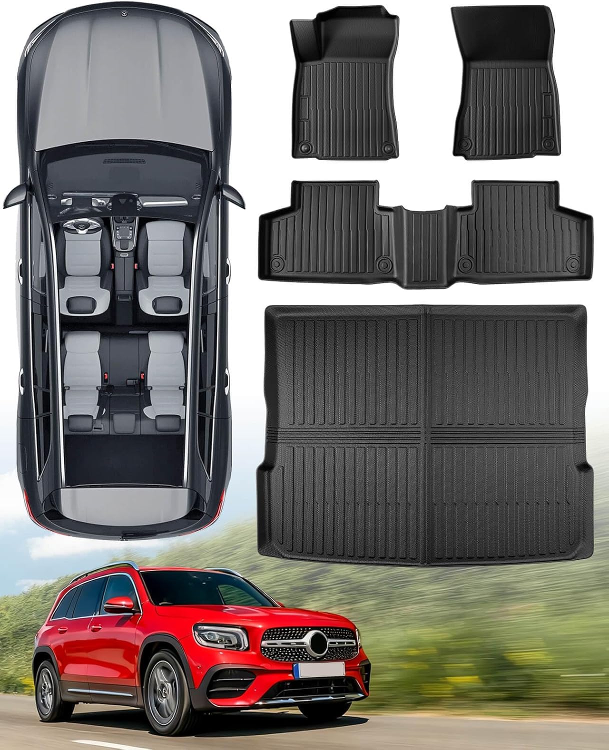 All Weather Floor Mats & Upper Cargo Liner for Mercedes Benz GLB 2026 2025 2024 2023 2022 2021 2020, Heavy Duty Custom Fit for GLB 250 Front 2nd Row, Non-Slip Black Car Accessories