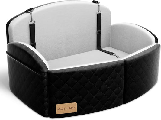 Dog Car Seat for Medium/Large Dogs, Memory Foam Dog Booster Seat with Thick Cushion up to 55 lbs or 2 Small Dogs, Travel Pet Car Seat with Detachable Washable Cover, 2 Safety Leashes (Black/Grey)