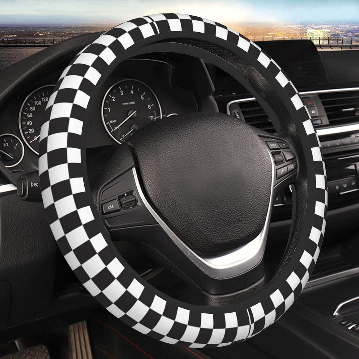 Black and White Checkered Steering Wheel Cover Rubber Anti-Slip 14.5-15 Inch Universal Steering Wheel Cover with 2 Pieces Car Coasters Suitable for Men Women