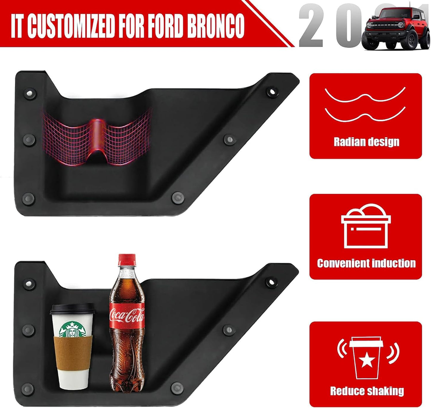 Mabett Front Door Storage Pockets for Ford Bronco Accessories 2026 2021-2025, Side Door Organizer Box fit Bronco 2/4-Door, Insert Cup Holder(2PCS)