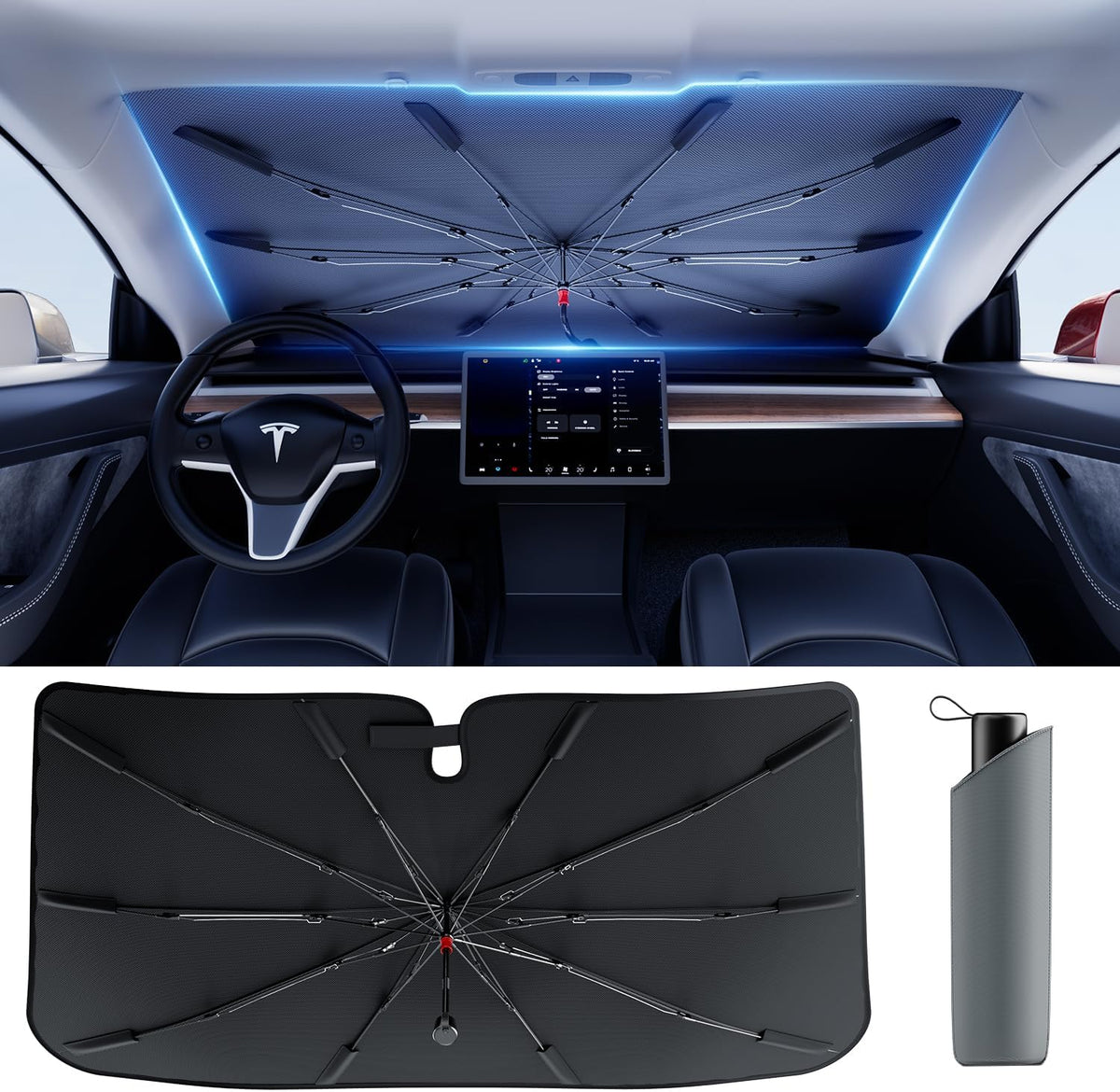 DMJN Umbrella Windshield Sun Shade for Car & SUV, Car Sunshade for Front Windshield [Nano Ice-Crystal Coatings] UPF50+ Heat & UV Block, Protect Interior & Keep Cooler Universal for Most of Sedan & SUV