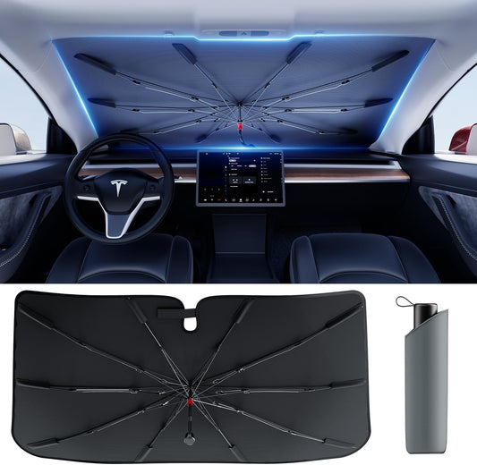 DMJN Umbrella Windshield Sun Shade for Car & SUV, Car Sunshade for Front Windshield [Nano Ice-Crystal Coatings] UPF50+ Heat & UV Block, Protect Interior & Keep Cooler Universal for Most of Sedan & SUV