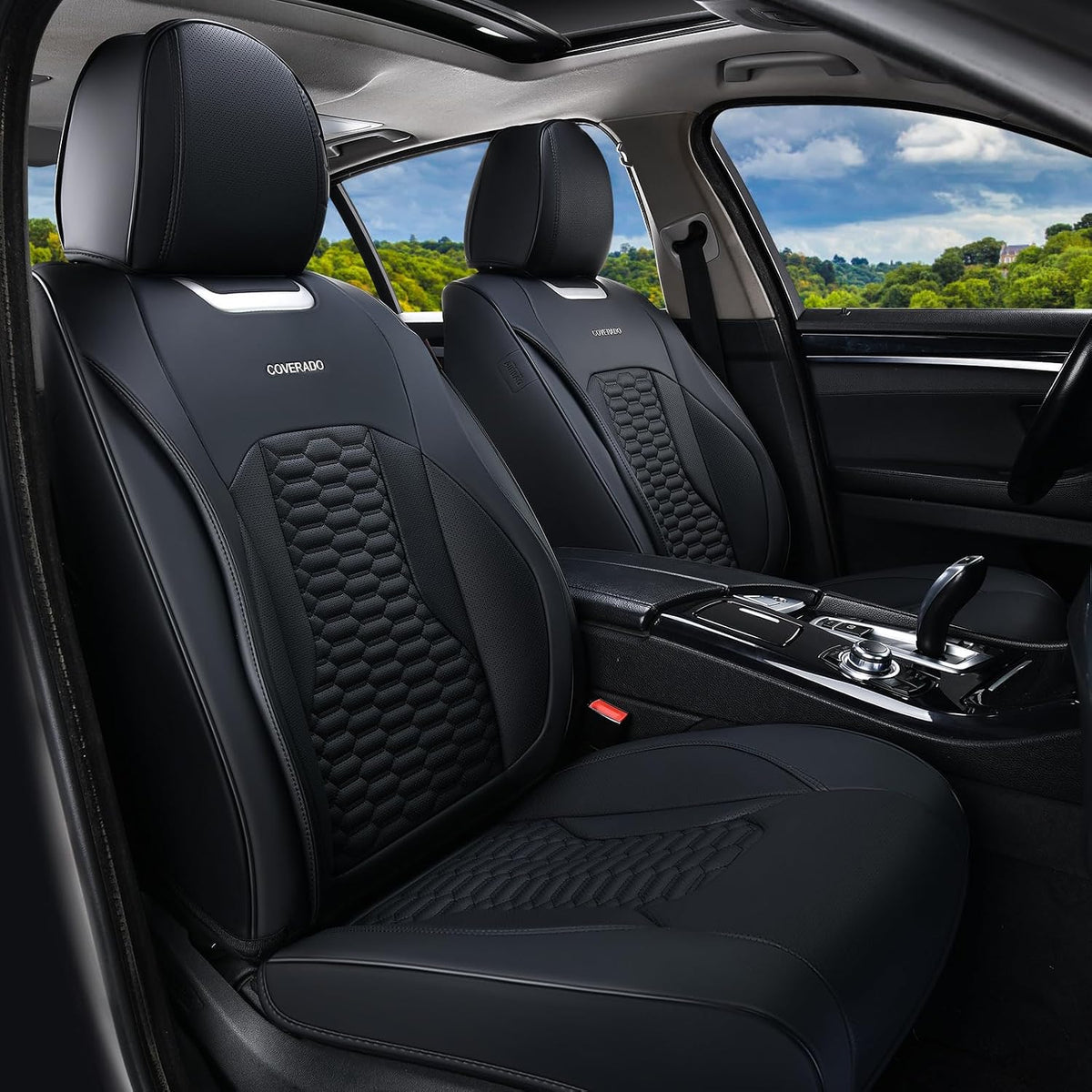 Coverado Seat Covers Front Seats, Luxury Leather Black Car Seat Cover, Waterproof Automotive Car Seat Covers Protector Interior Accessories Universal Fit Most Sedans, SUVs, Pick-up Trucks