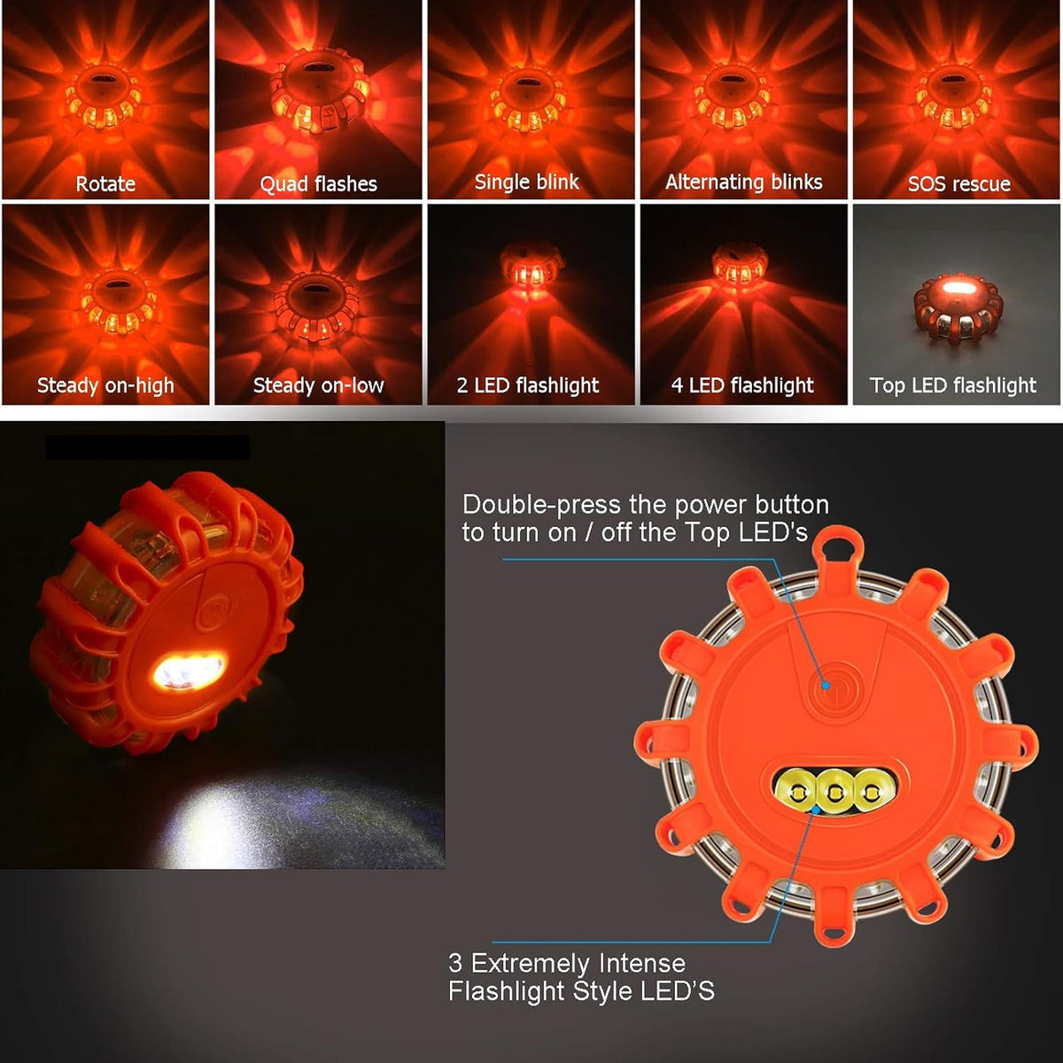 4 Pack LED Road Flares Emergency Lights, 9 Glow Modes Roadside Emergency Warning Car Safety Beacon Flashing Disc Flare Kit with Magnetic Base & Hook for Vehicles,Cars,Truck,Boat(NO Battery Included)
