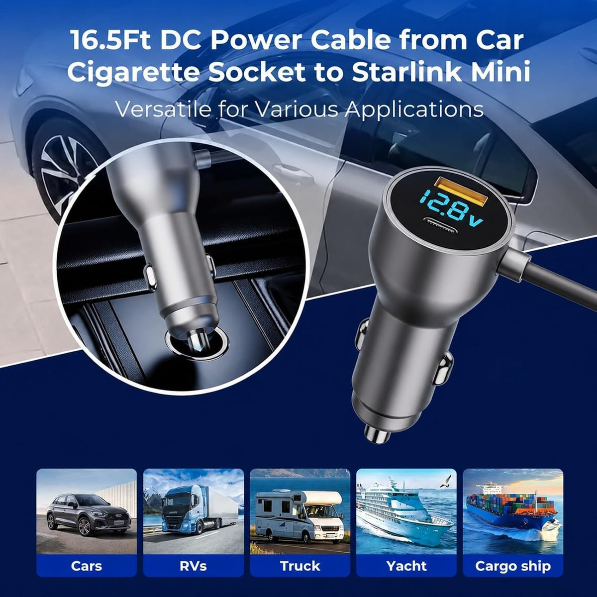 Starlink Mini Car Charger,Starlink Mini Car Adapter, 3-in-1 DC Power Cable with 12V-48V Cigarette Lighter Adapter,PD 30W + USB-A 30W + DC 72W Car Power Supply for Trucks, RVs, Boats(16.5Ft)