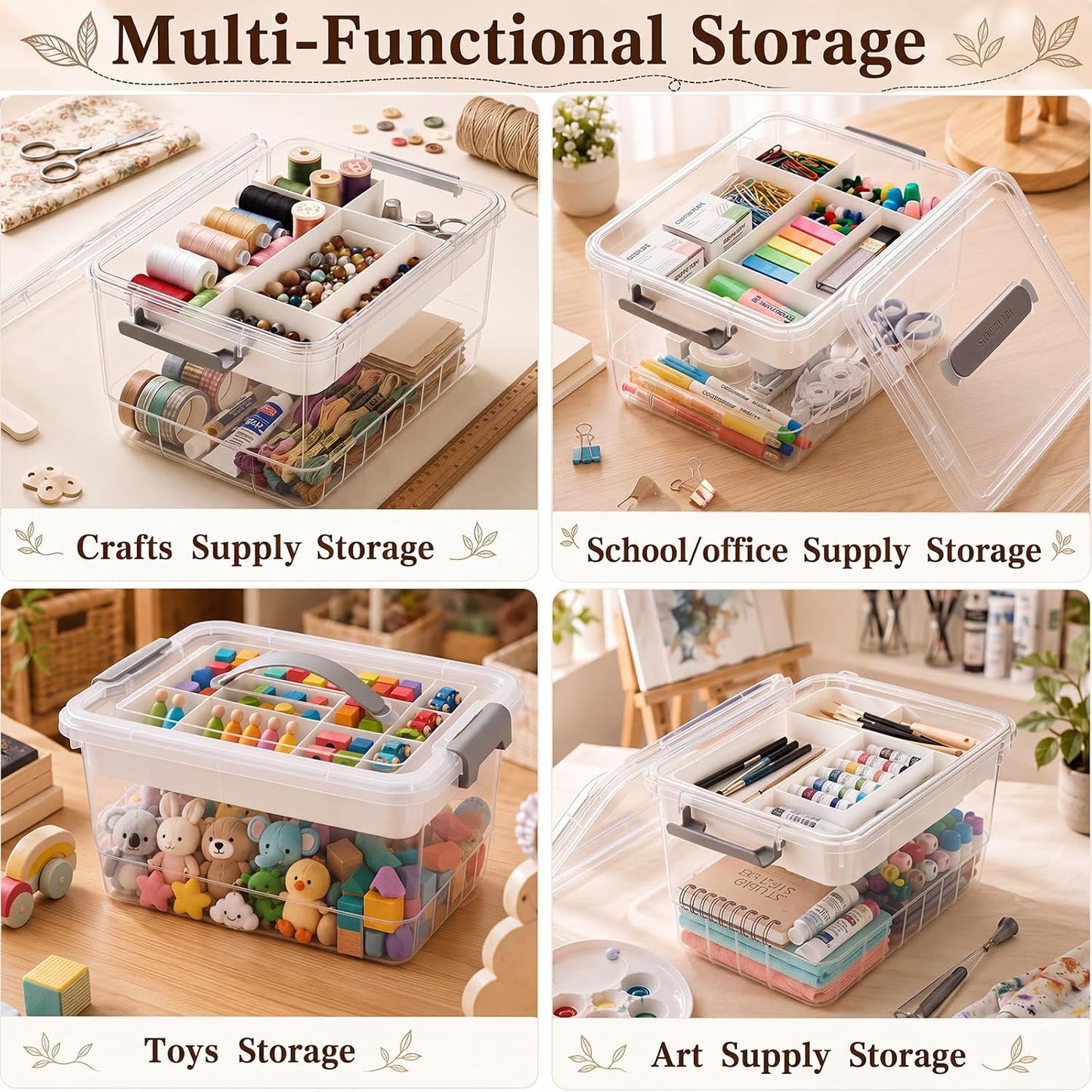 4 Packs 17 Qt Plastic Storage Bins Clear Storage Box with Lids Clear Plastic Latching Box Organizer Stackable Bin with Lid & Tray for Organizing Tool Arts Craft Crayon and Car Trunk