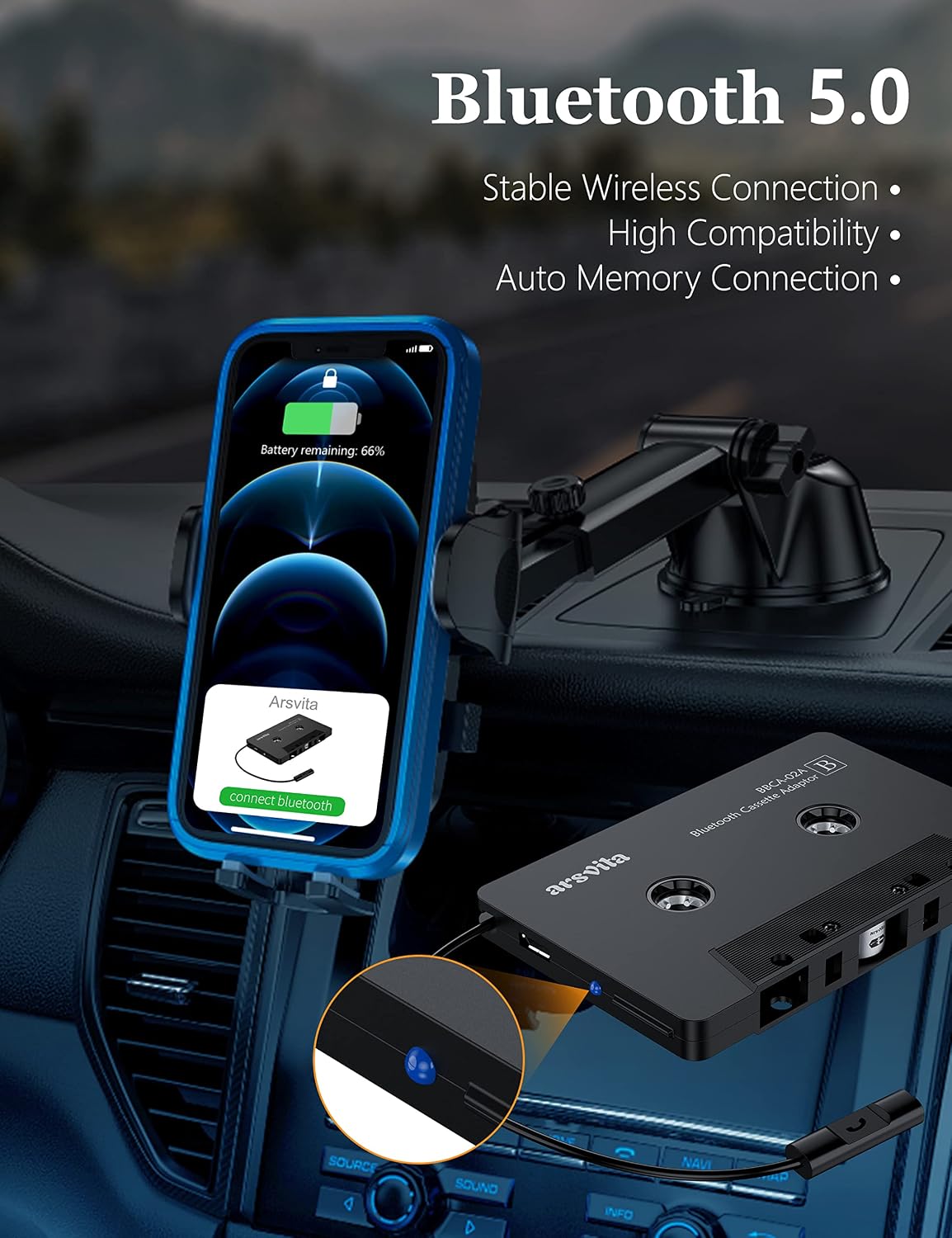 arsvita Bluetooth 5.0 Cassette to Aux Adapter for Car, Charcoal Black