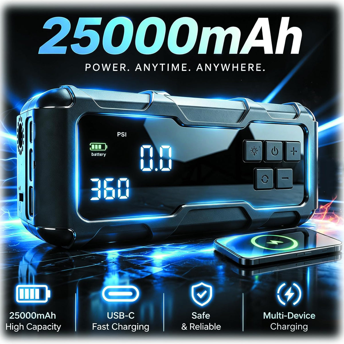 9000A Jump Starter with Air Compressor, Portable Tire Inflator, German-Tech Fast-Charging Power Bank Car Battery Booster for Car Owners Camping, Road Trips, Family Safety & Gift Giving