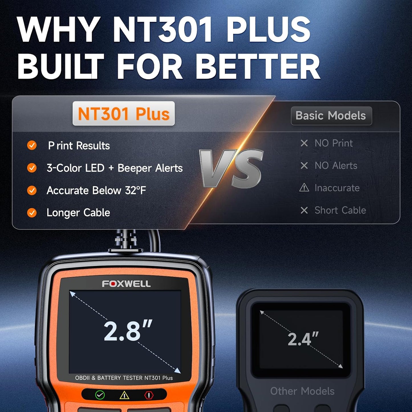 2-in-1 FOXWELL NT301 Plus OBD2 Scanner with 12V Battery Tester, Check Engine Light Code Reader, Car Battery/Starter/Charging System Test, Live Data Diagnostic Tool for 1996+ OBDII Vehicles