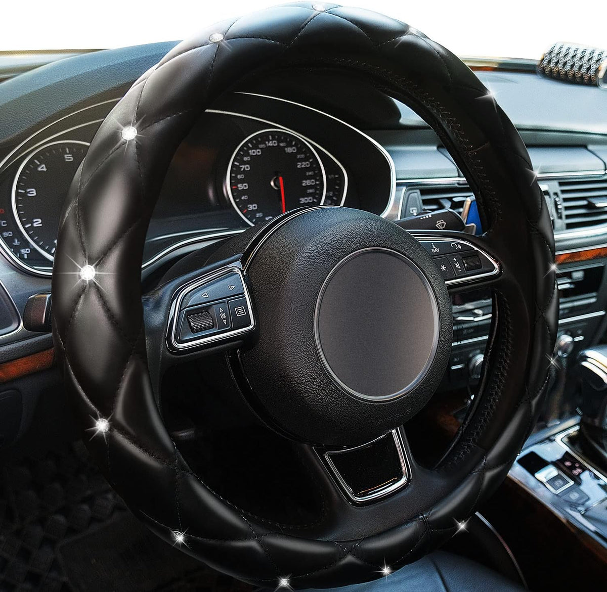 Diamond Leather Bling Steering Wheel Cover, Universal Car Steering Wheel Protector with Crystal Rhinestones Anti-Slip Soft Interior Accessories for Women and Girl Fit 15 inch -Black