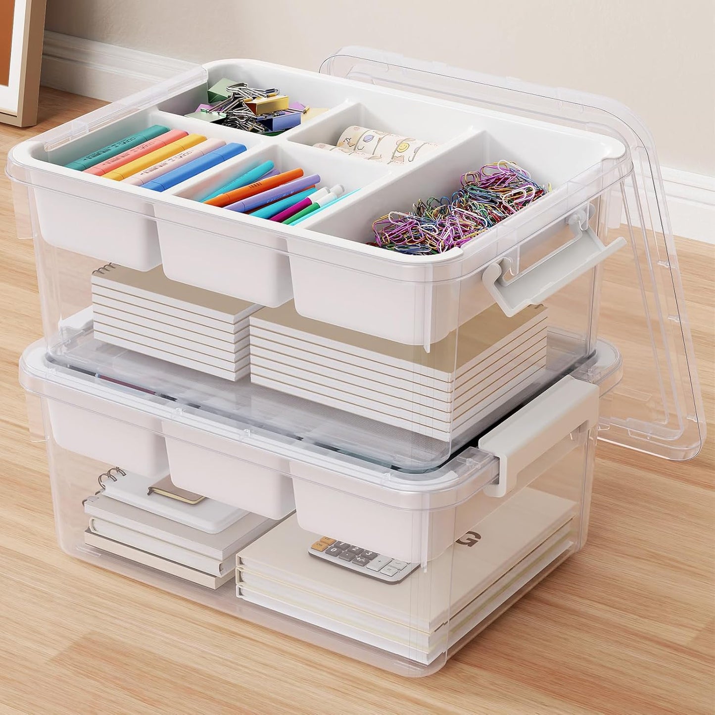40Qt Stackable Storage Bins with Lids & Trays, Clear Plastic Latching Boxes Organizers with Dividers Portable 10Gal Containers for Arts & Crafts, Home and Car Trunk Organization, 2Pack