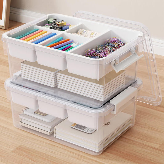 40Qt Stackable Storage Bins with Lids & Trays, Clear Plastic Latching Boxes Organizers with Dividers Portable 10Gal Containers for Arts & Crafts, Home and Car Trunk Organization, 2Pack