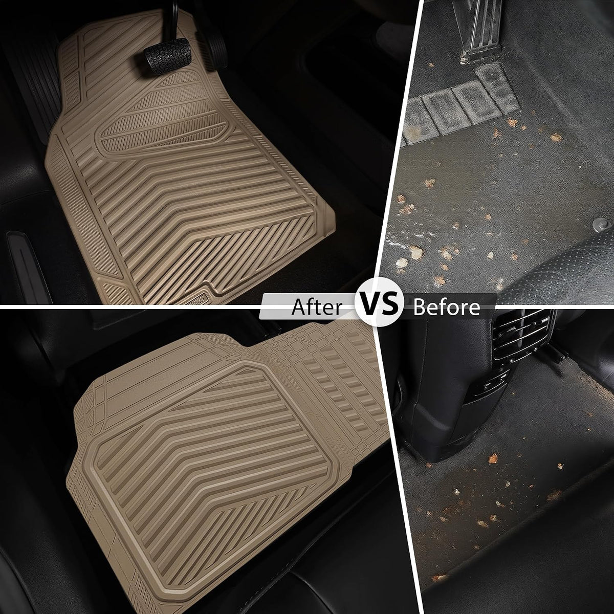 CAR PASS Rubber Car Mats, Waterproof Car Floor Mats All Weather Car Mat Full Set 3 Piece, Tan Automotive Floor Mat Trim to Fit for Cars Sedan SUVs Trucks, Anti-Slip Easy Clean, All Beige