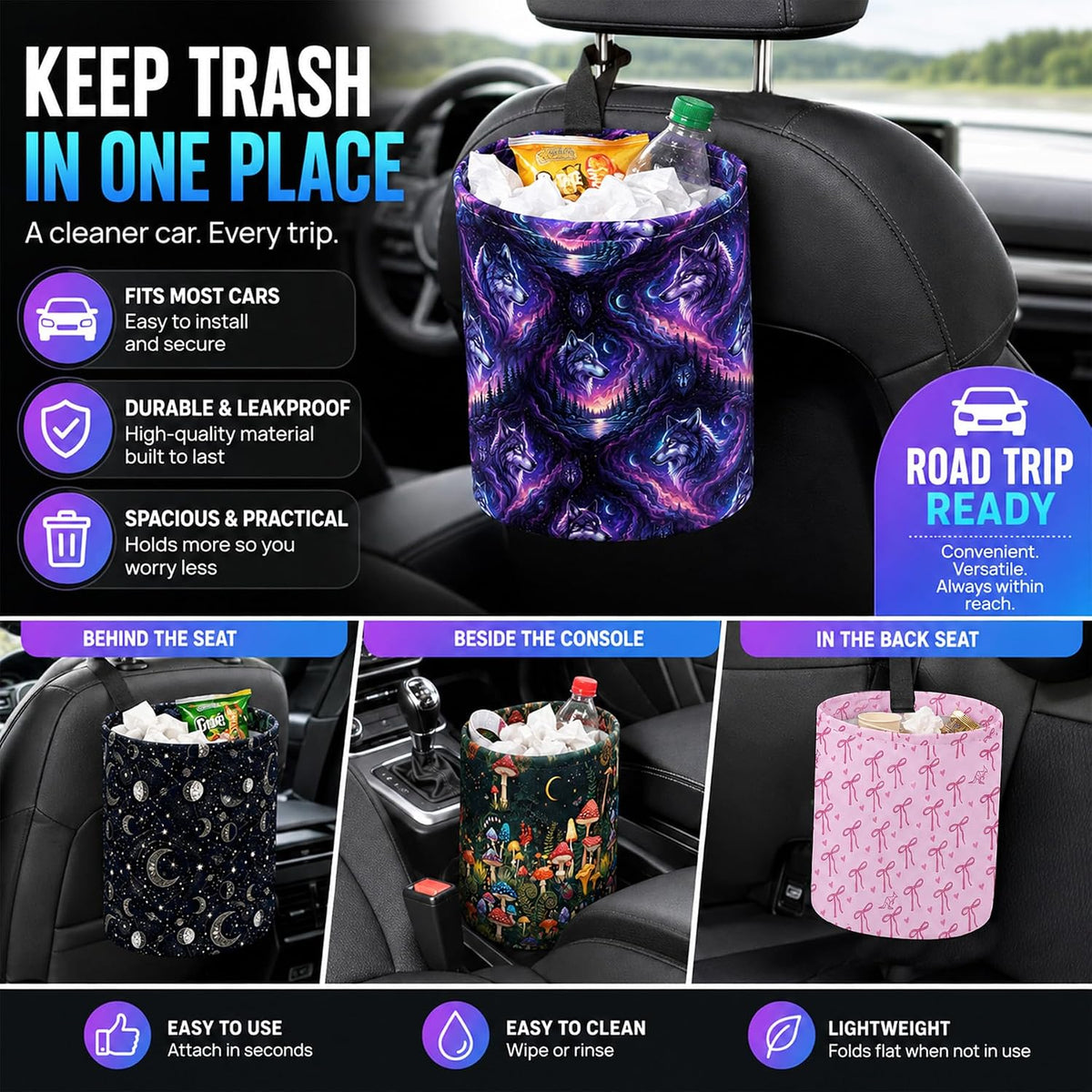 Sea Turtle Car Trash Can Waterproof Hanging Garbage Bag for Back Seat