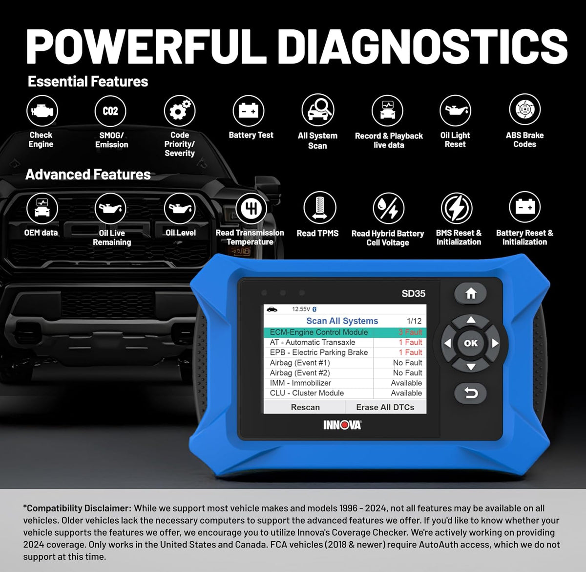 Innova SD35 OBD2 Scanner – ABS, SRS, TPMS & Check Engine Code Reader, Live Data, All System Diagnostics, Compatible with Most Vehicles