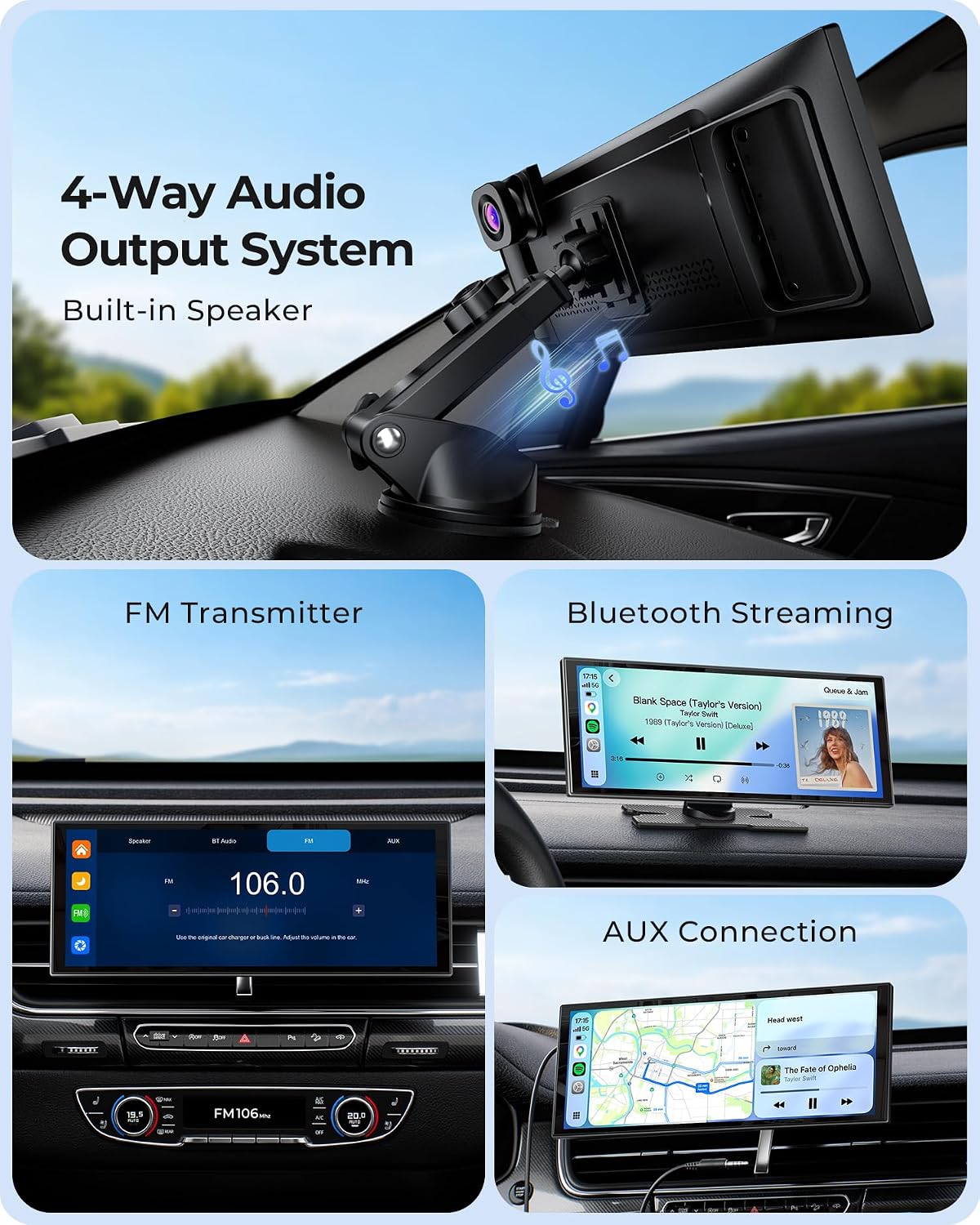 10.26" Wireless Portable 60FPS CarPlay Screen with 4K Front & HD Rear Dual Dash Cam for Apple Car Play & Android Auto 1920*720 Fully Laminated Tablet with Mirror Link, Bluetooth, GPS Navigation