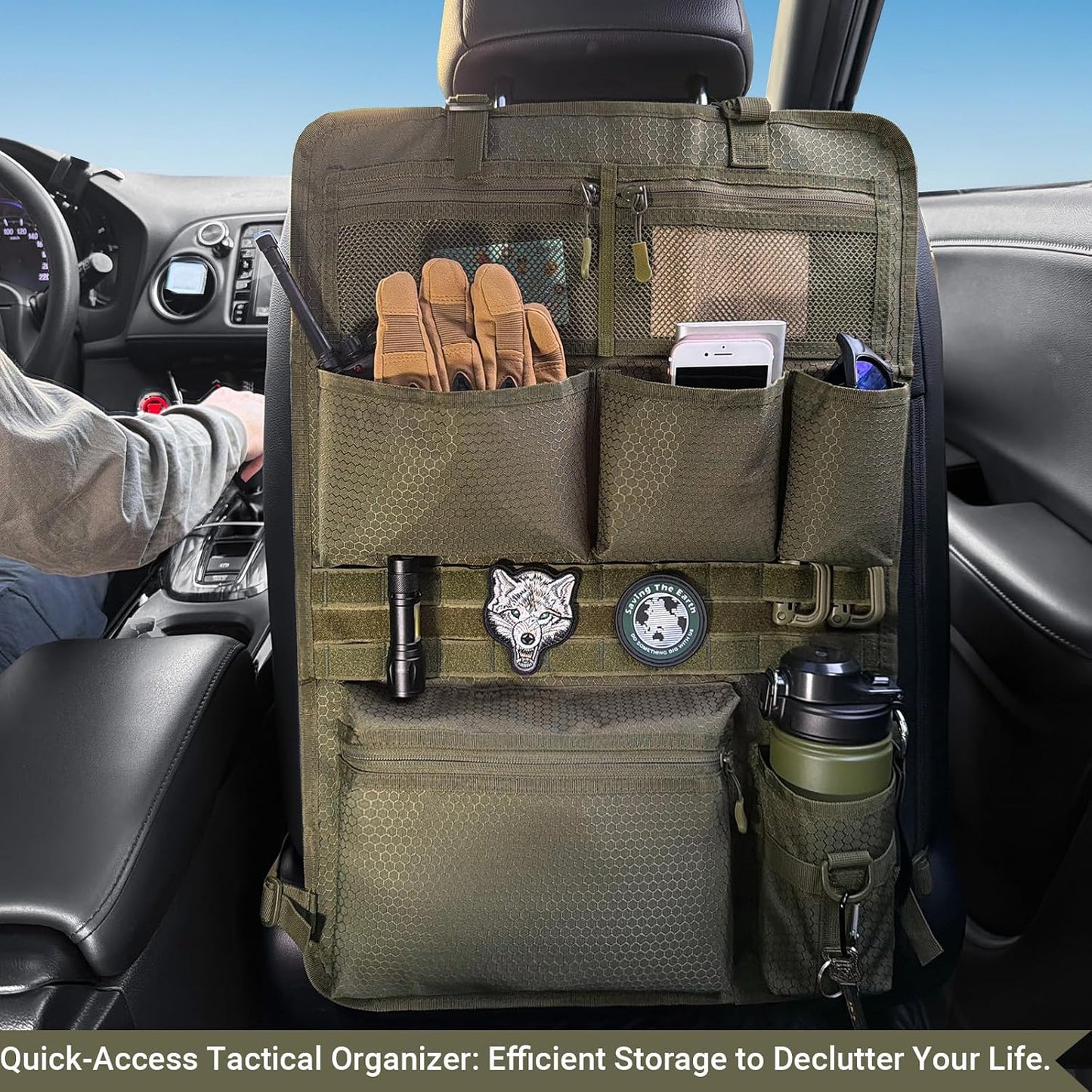 Tactical Car Seat Organizer with Multiple Pockets, MOLLE Panel System & Mesh Compartments, Durable Nylon Universal Vehicle Seat Back Storage with Cup Holder, Water-Resistant (Army Green)