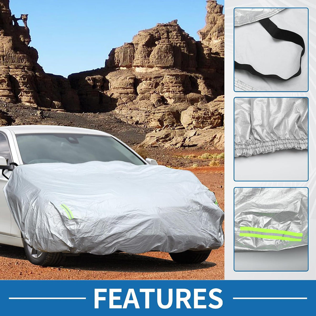 Car Windshield Cover with Reflective Straps Silver Tone 84" x 43"