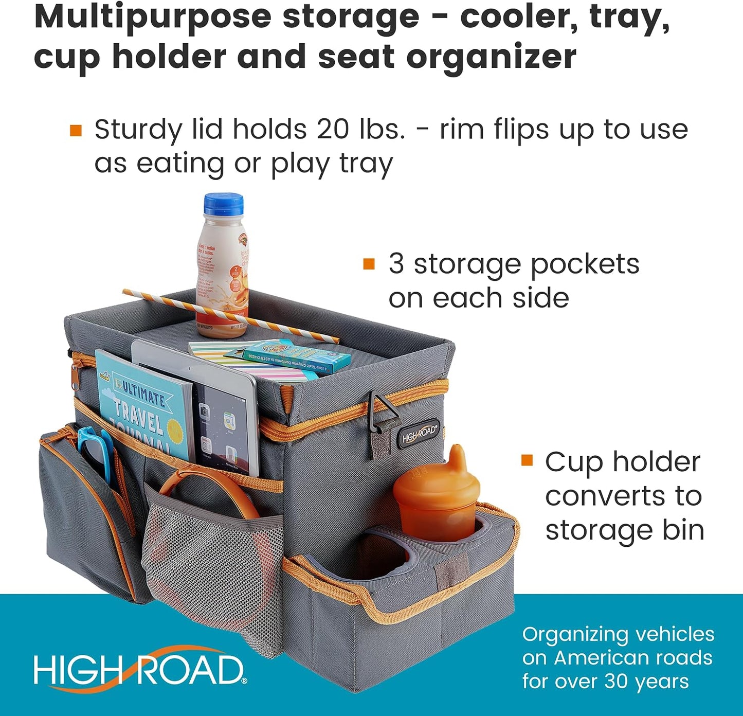 High Road CarHop Car Caddy Organizer with Road Trip Cooler, Car Cup Holder Bin, Sturdy Snack and Play Lid and 6 Organization and Storage Pockets, Gray
