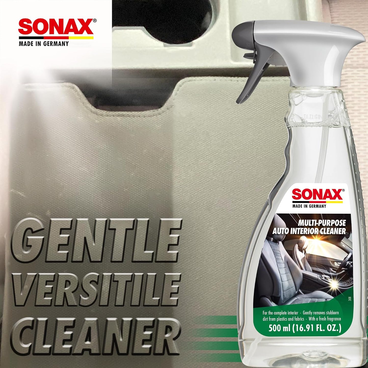 SONAX Multi-Purpose Interior Cleaner 321200 | Powerful Stain Remover & Deodorizer for Fabric, Upholstery, Carpet, Door Panels & Headliners | Eliminates Odors, Freshens Car, RV & Home Interiors | 500ml