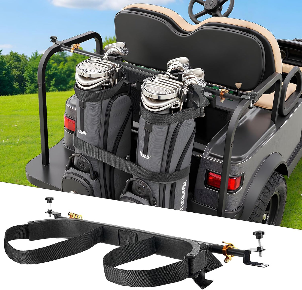 VEVOR Golf Cart Bag Holder, Compatible with Yamaha, EZGO, Club Car, Most Golf Cart Rear Seat with 1.2 Inch Square Tubes, Adjustable Rear Seat Carts Club Holder with Strap, No Drilling Required
