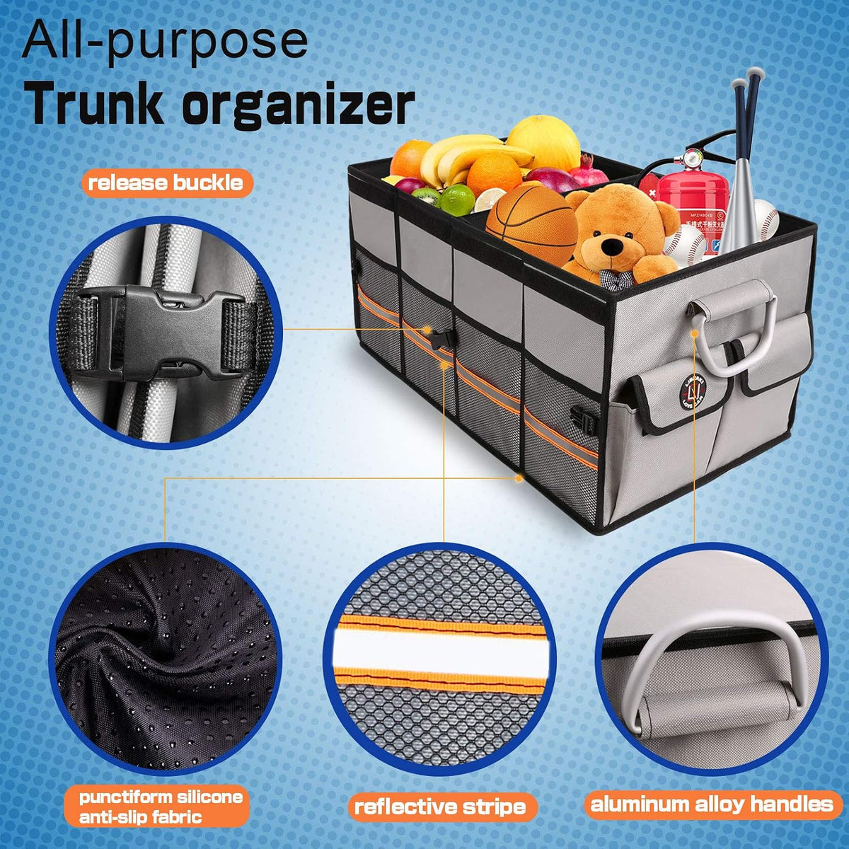 Trunk Organizer, LIBZAKI Cargo Organizer, Premium Multi Compartments Collapsible Portable Trunk Storage for auto, SUV, Truck, Minivan -Grey