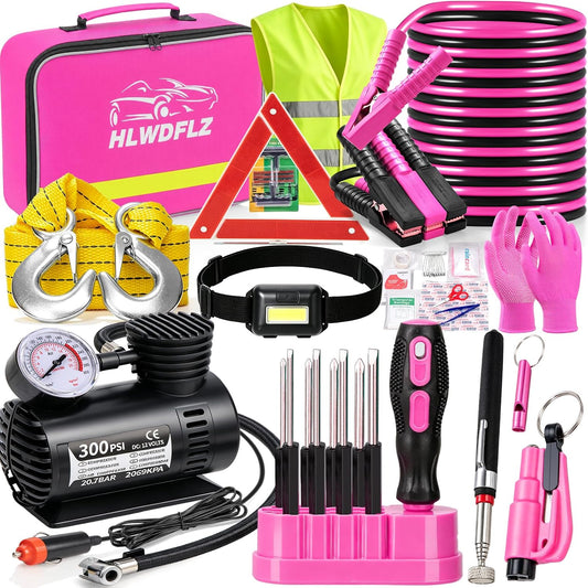 Car Emergency Kit with Portable Air Compressor, Jumper Cables, Tow Straps – Roadside Emergency Safety Tool for Vehicles, Trucks, SUVs Pink