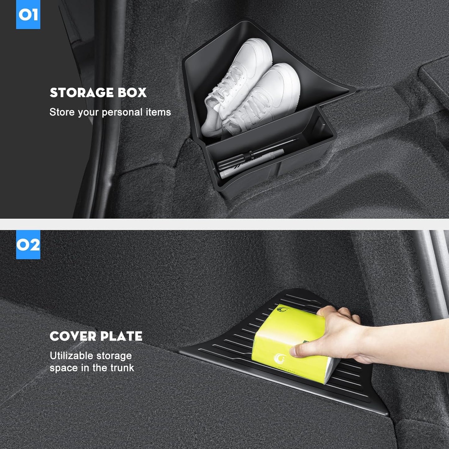 2PCS Rear Trunk Storage Bins with Lids for Tesla Model Y Juniper 5 Seater,TPE Side Cargo Organizer Boxes Rear Trunk Containers for New Tesla Model Y 2025-2026 Accessories