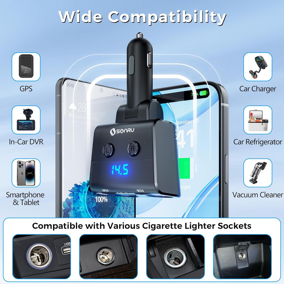SONRU 180W Cigarette Lighter Splitter,30W PD Dual QC3.0 Car Charger Adapter