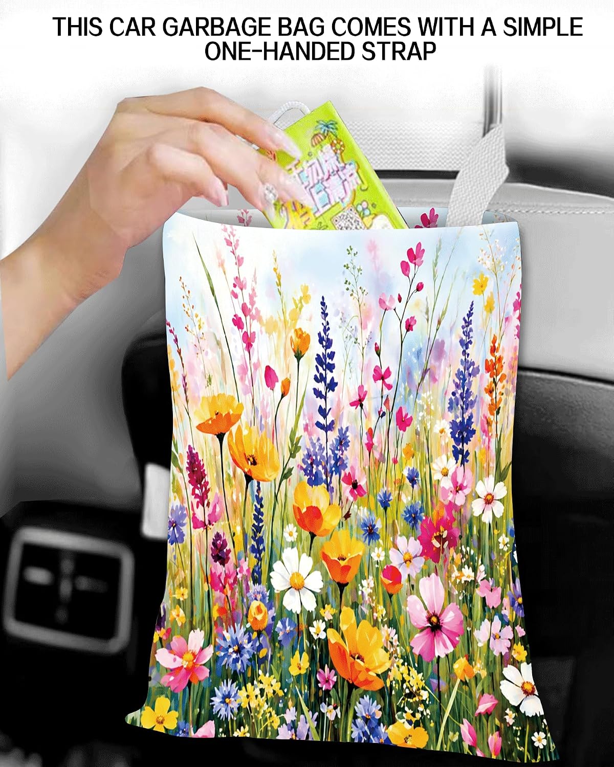 Car Trash Can, Durable Hanging Car Trash Garbage Bag, Cute Automotive Garbage Cans Organizer, Cute Colorful Wildflowers