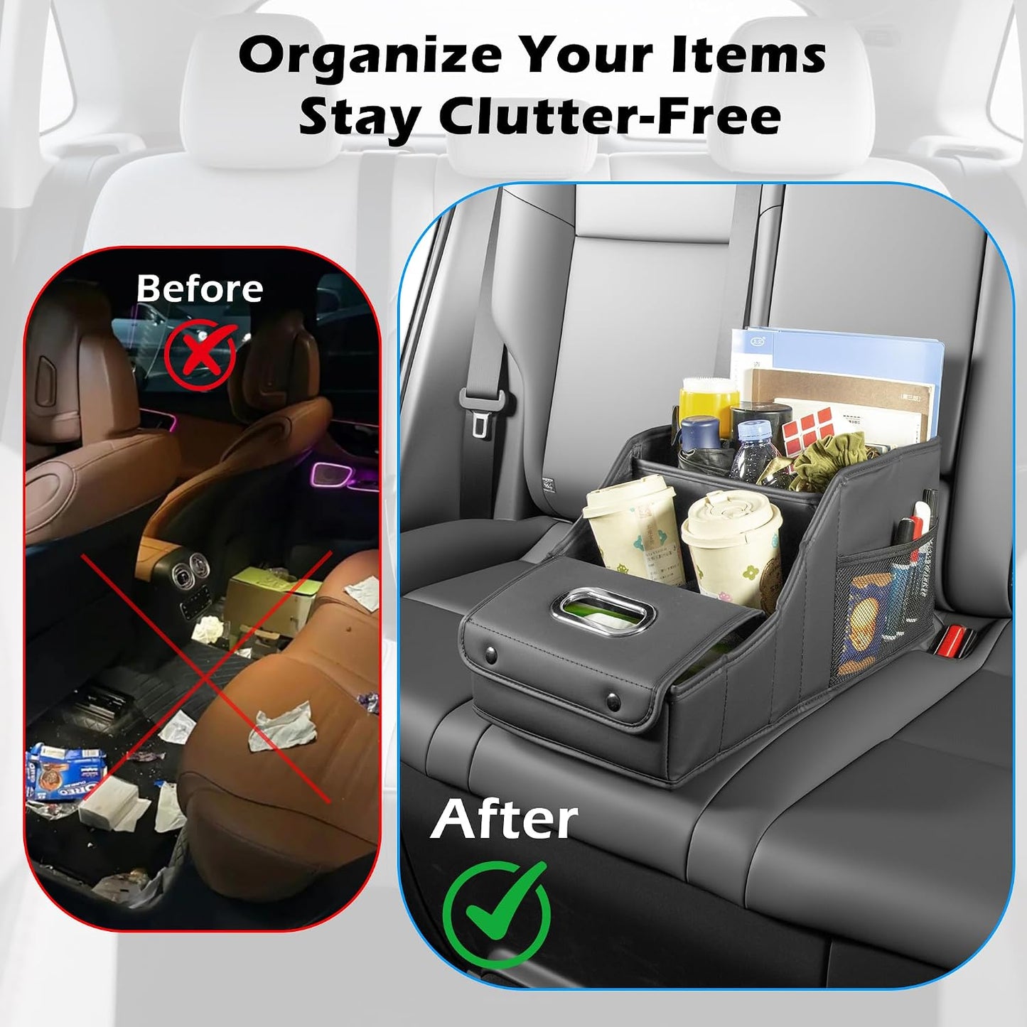 Car Seat Organizer Passenger Storage for Travel Kids Accessories | Collapsible Storages Compartments Mesh Pockets Car Caddy Basket for Front Back Seat Floor Trunk Organizers Kleenex Holder