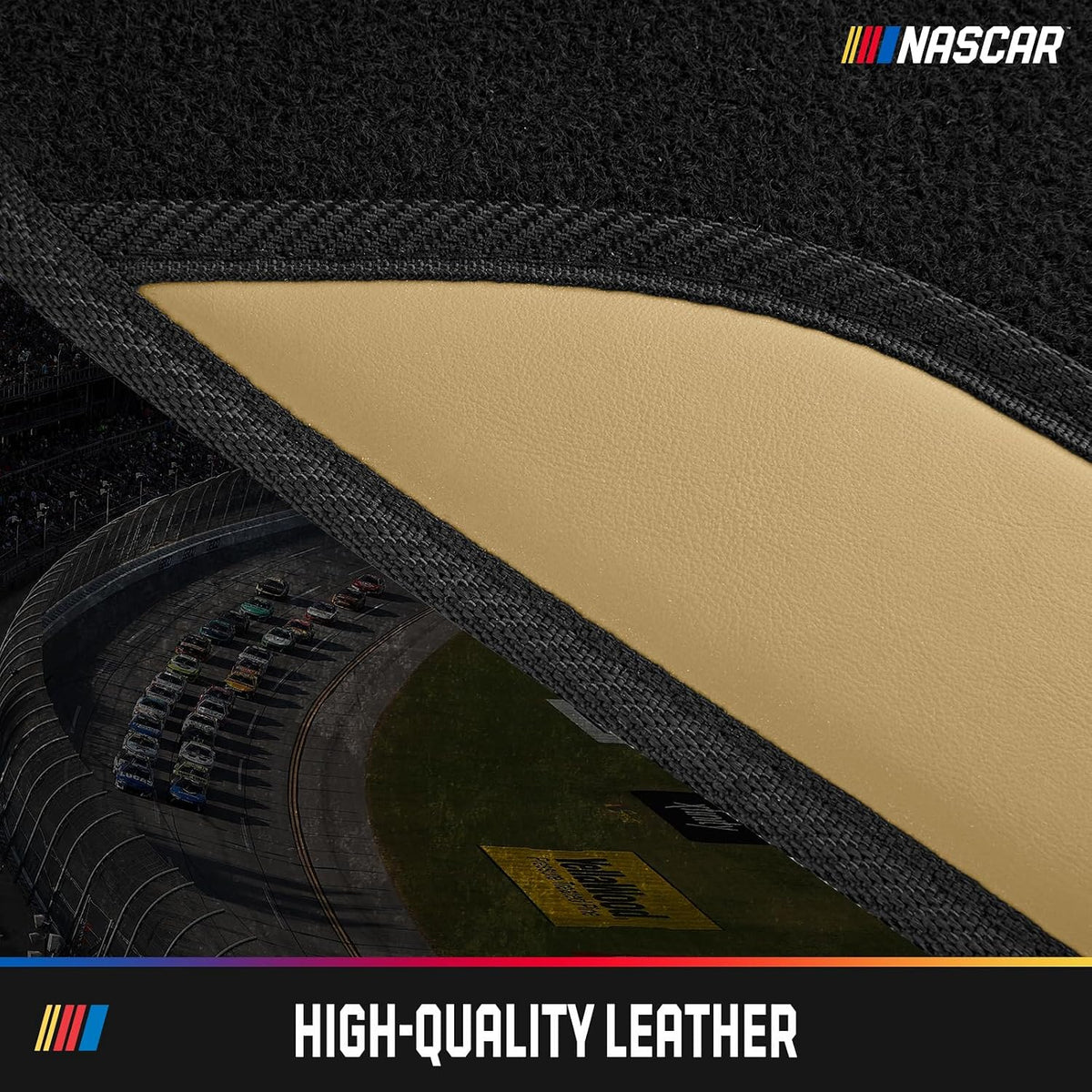 NASCAR Car Floor Mats, Carpet & Beige Leather Design Car Mats, Universal-Fit All-Weather Car Floor Mats with Built-in Heel Pad & Anti-Slip Backing, Durable Odorless Automotive Interior Accessories