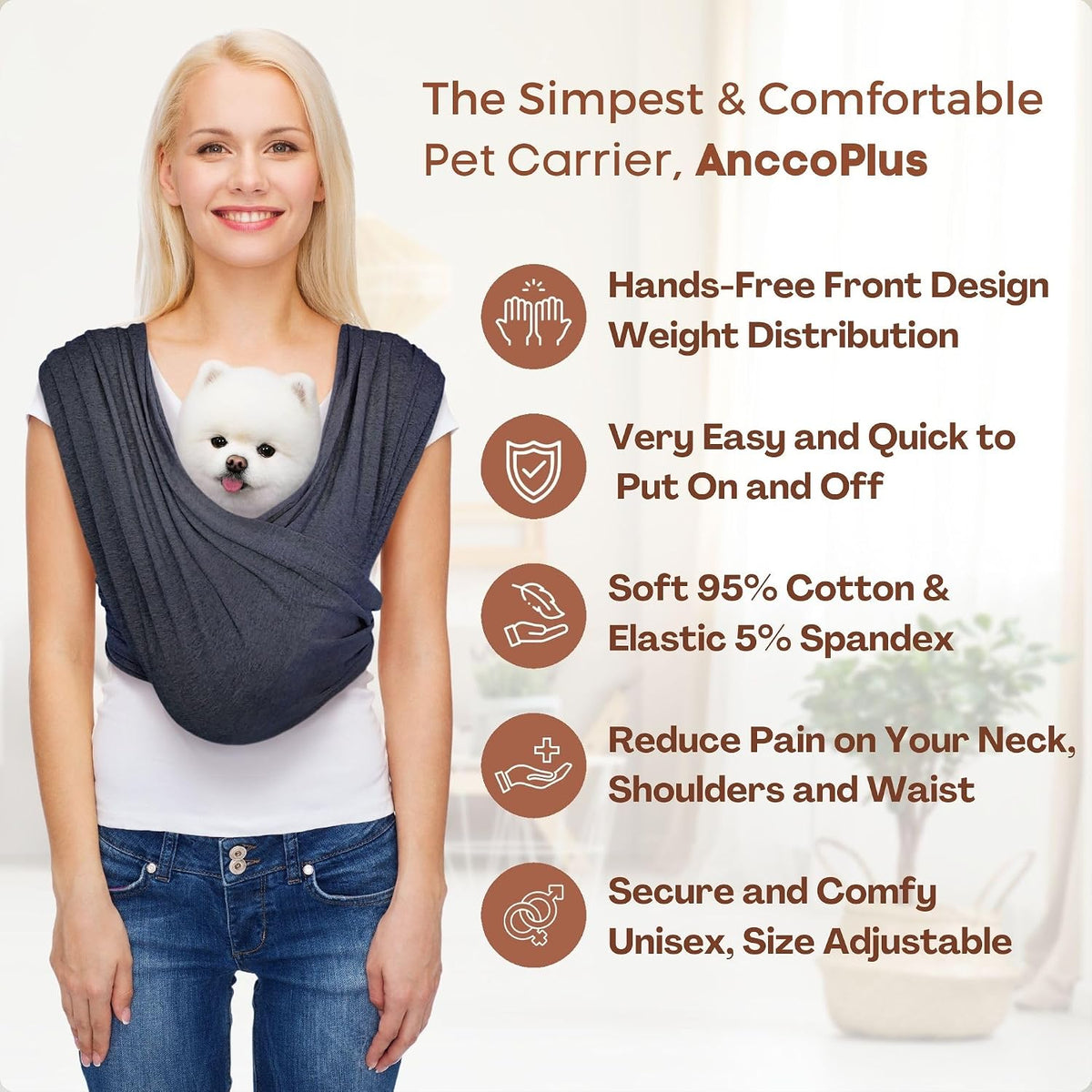 AnccoPlus Small Dog Sling Carrier, Hands-Free, Charcoal Black, Plus