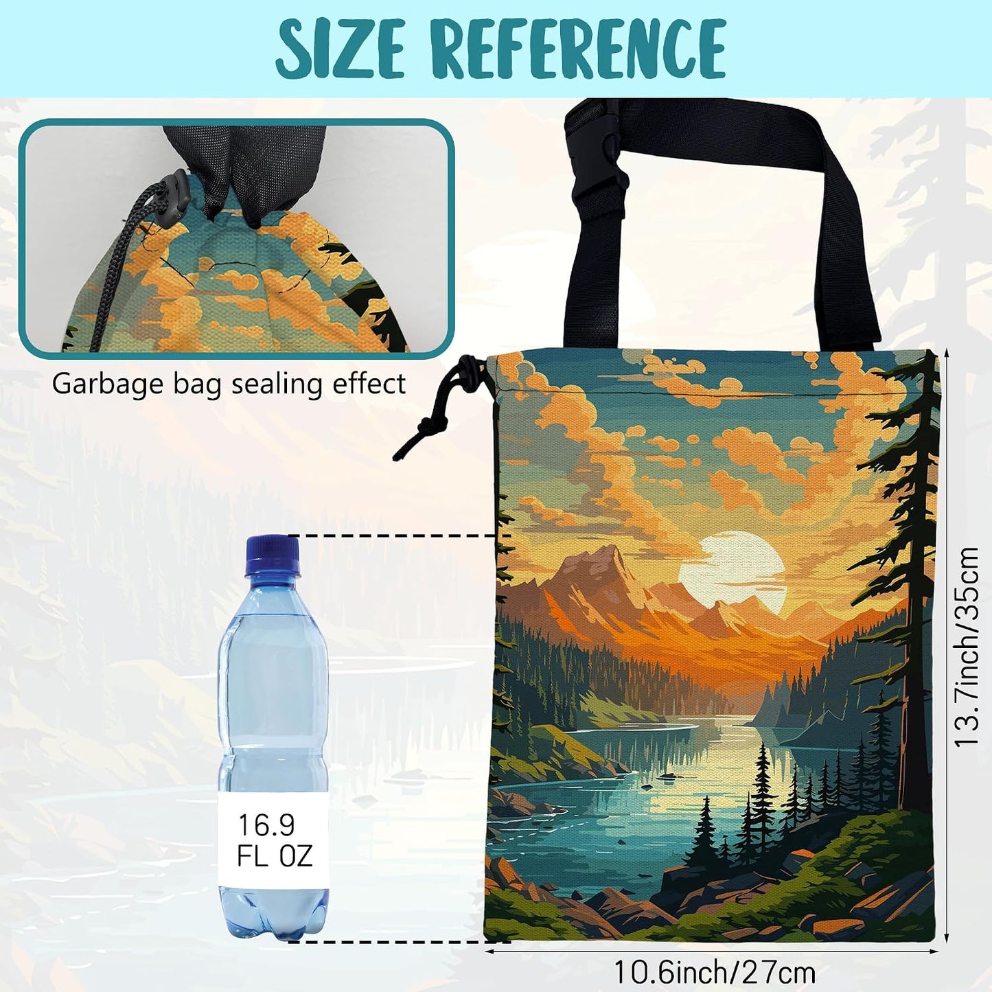 Car Garbage Bag Mountain Lake and Sunrise Drawstring Car Trash Bag Hanging for Back Seat with Adjustable Buckle Canvas Vehicle Trash Can Easy-to-Install