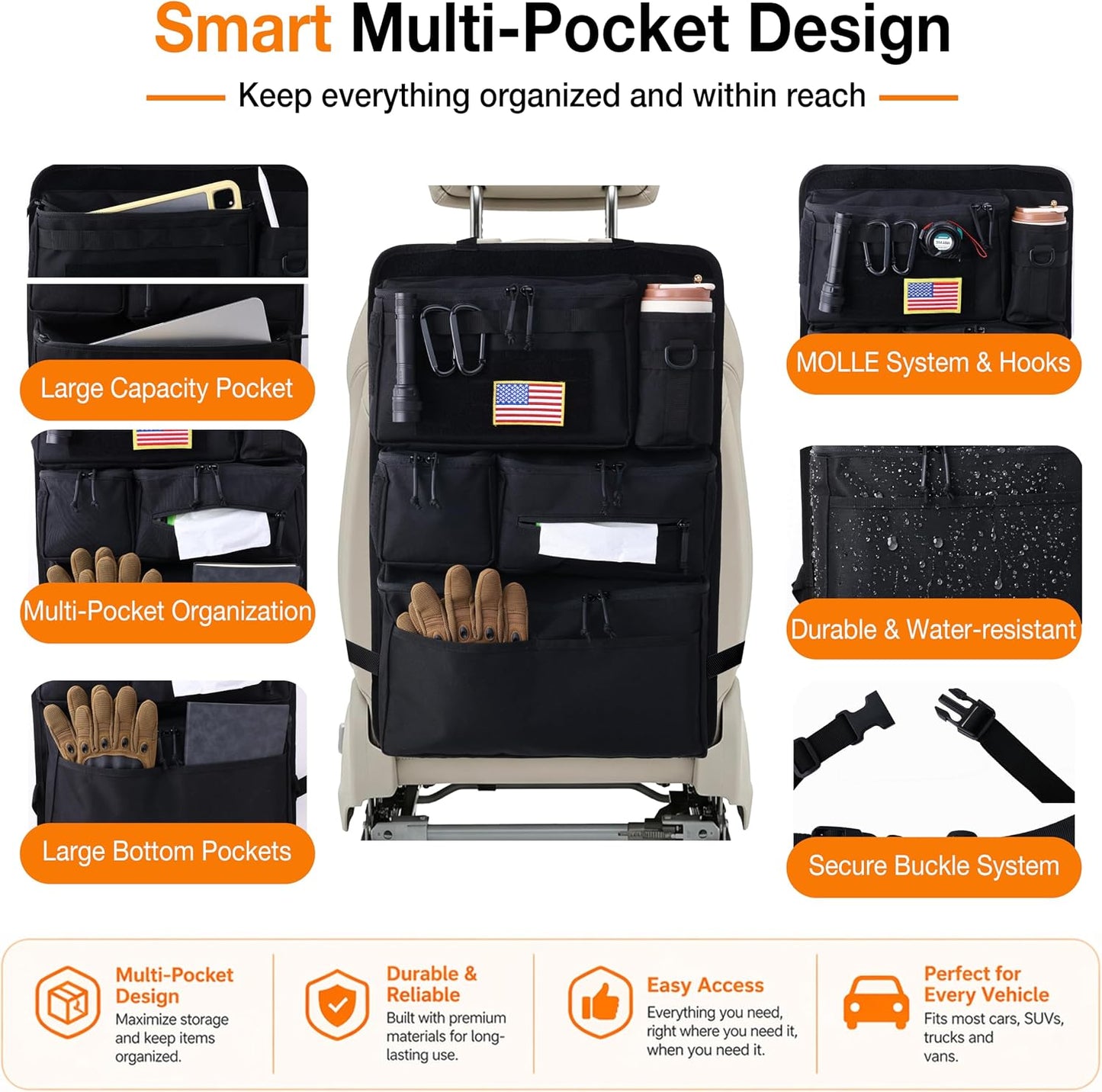 Tactical Car Seat Back Organizer, 600D Nylon MOLLE Seat Organizer with 6 Pockets, Hook and Loop Panel, Universal Fit for Car SUV Truck Jeep, Black