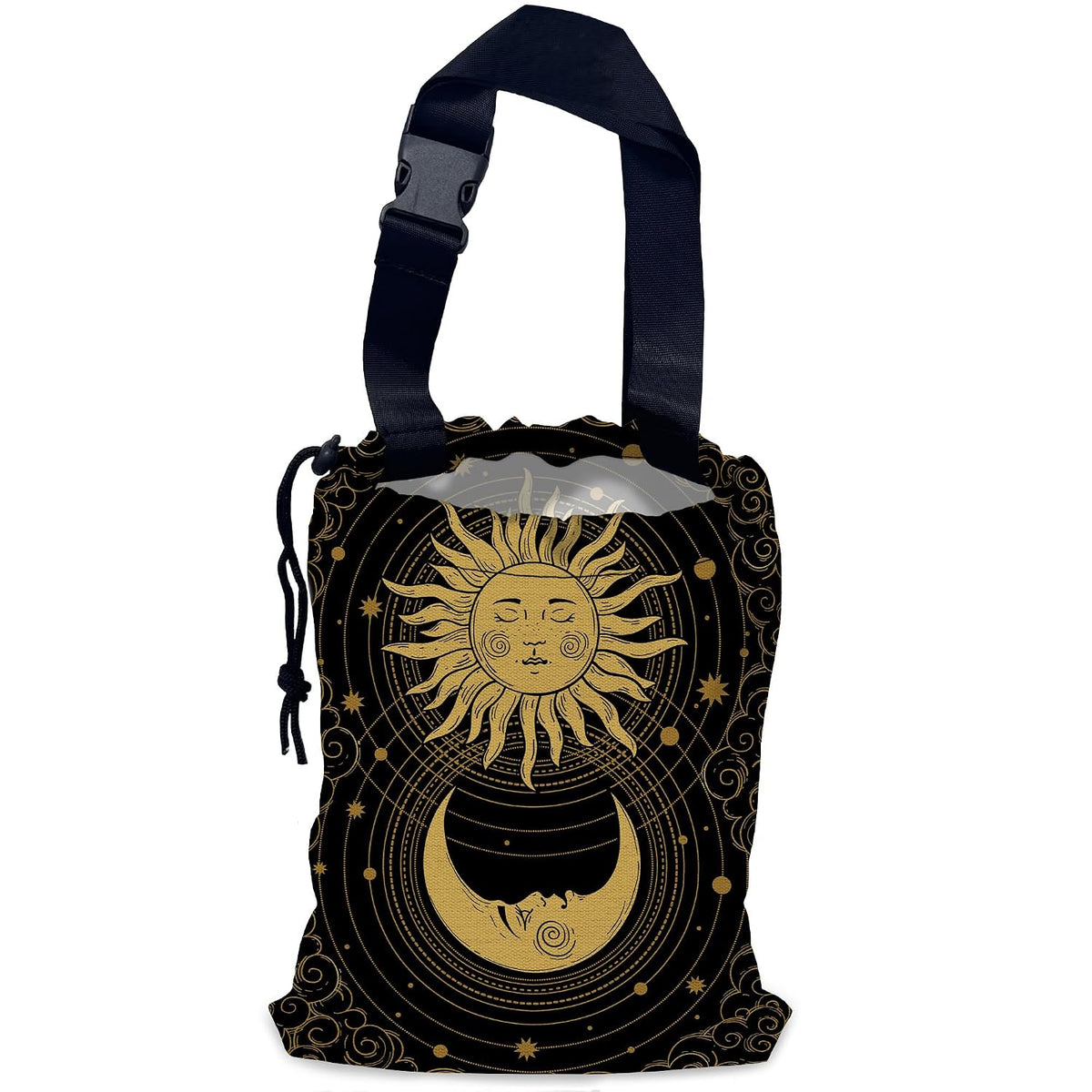 Mystical Sun Car Trash Bag,Golden Crescent Moon Hanging Drawstring Car Garbage Bag,Waterproof Canvas Car Back Seat Organizer with Adjustable Buckle,for Vehicles,SUVs,Camping,Road Trips