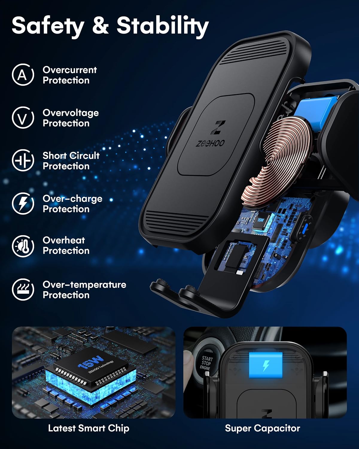 ZeeHoo Wireless Car Charger, 15w Fast Charging, Auto Clamping Car Phone Mount, Cell Phone Holder Charger, for iphone17 16 15 14 13 12 11 Pro Max Xs, Etc. (Black)