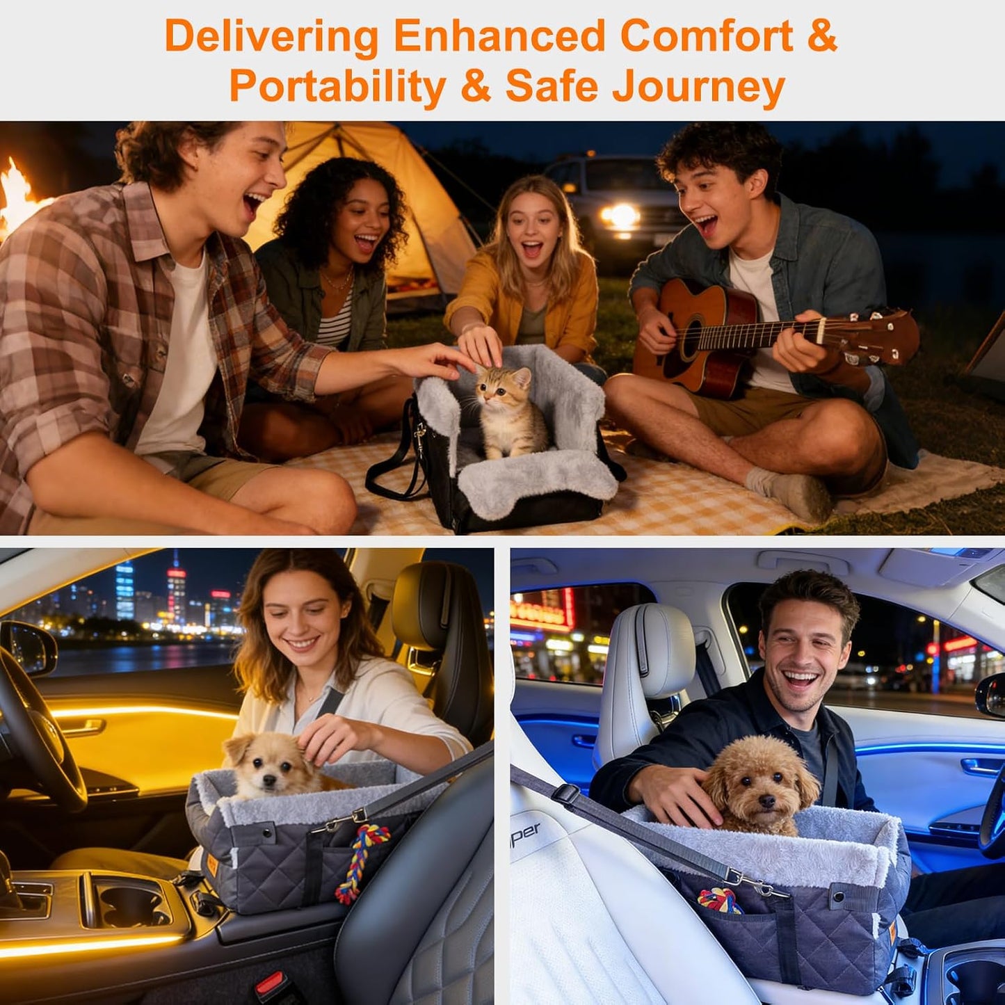 Vivifying Center Console Dog Car Seat for Small Dogs Up to 10 lbs, Plush Pet Booster Seat with Safety Leash, Adjustable Straps, Storage Pocket, Portable Car Seat for Puppies, Black & Grey