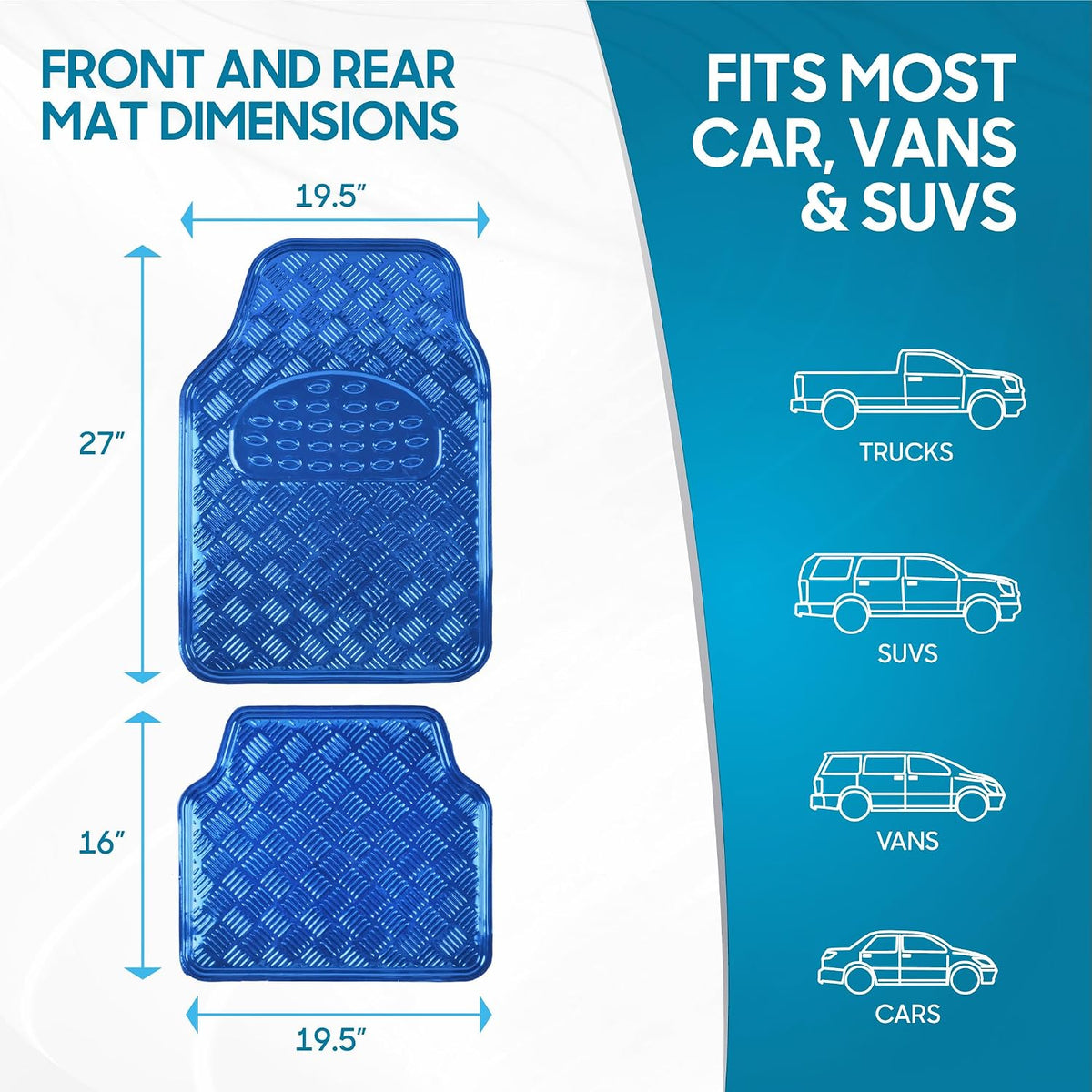 BDK Metallic Chrome Car Floor Mats All-Weather Universal Fit Automotive Floor Mats for Cars SUVs, Floor Mats for Trucks, Car Mats Full Set Front & Rear, Non-Slip Backing - Blue