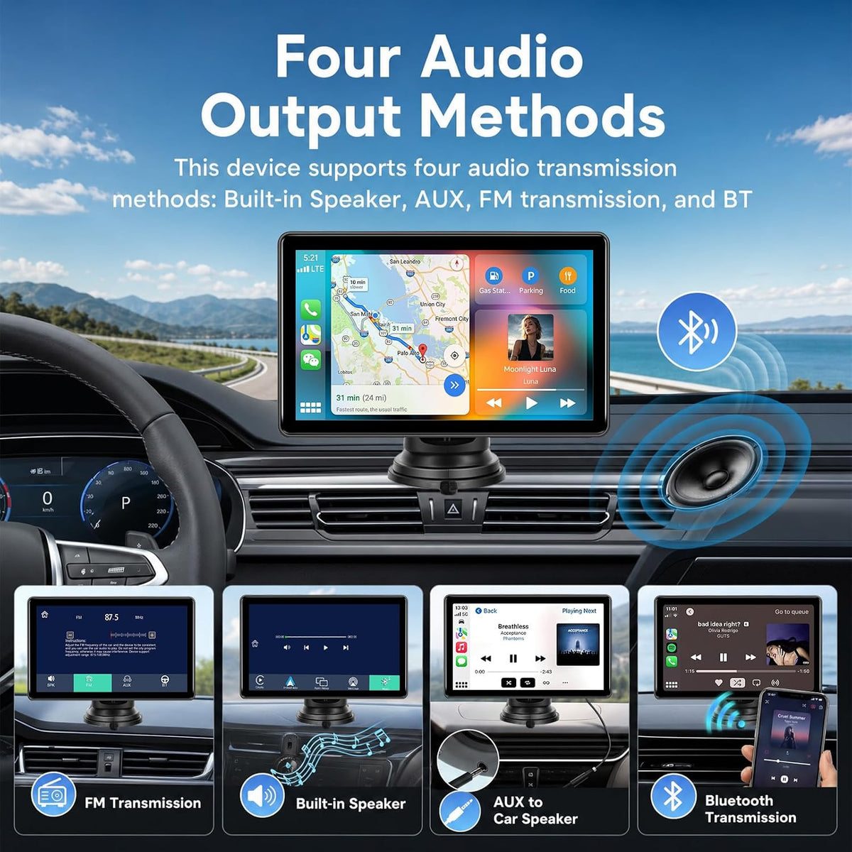 Wireless Carplay Screen for Car, 7'' HD 1280 * 720 Portable Touchscreen Car Stereo for Apple CarPlay and Android Auto with Mirror Link, Bluetooth, TPMS, FM Transmitter for All Vehicle