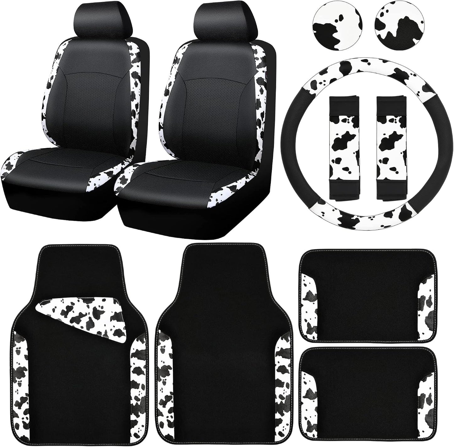 CAR-PASS Cow Print Car Accessories Sets Faux Leather Car Seat Covers & Cow Car Mats & Cow Steering Wheel Cover Seat Belt Pads Universal fit for SUV,Van,Saden,Truck Cute Automobile Interior Sets Women