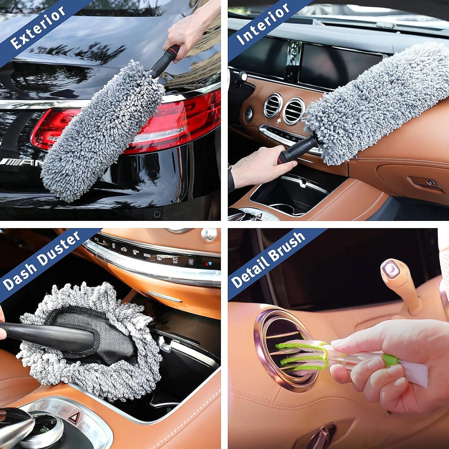 upra Ultimate Car Duster Kit，Best Microfiber Multipurpose Duster,Interior &Exterior Cleaning Tools,Dashboard Detailing Brush,Scratch Lint Free,Pollen Removing,extendable Handle,Tuck,SUV,RV,Set of 4