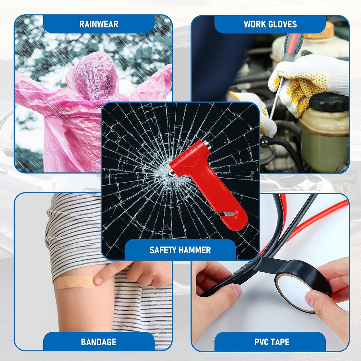 Amiss Car Emergency Roadside Kit, Safely Kit with Jumper Cables and Tow Straps, Headlamp, Safety Hammer, Work Gloves, Bandages, PVC Tape, Gifts for New Drivers, Car Accessories for Roadside Emergency