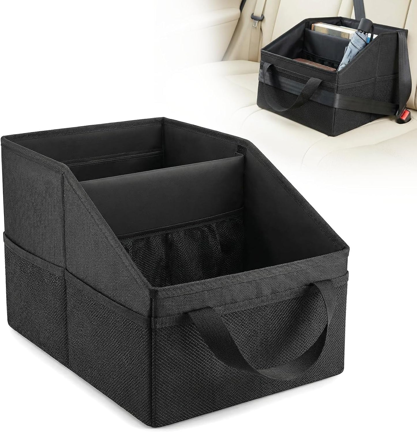 Car Seat Organizer Caddy, Collapsible Front Backseat Car Organizer & Floor Storage with Dividers, Mesh Pockets, Belt & 4 Cup Holders for Kids and Travel Accessories