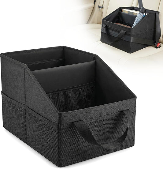 Car Seat Organizer Caddy, Collapsible Front Backseat Car Organizer & Floor Storage with Dividers, Mesh Pockets, Belt & 4 Cup Holders for Kids and Travel Accessories