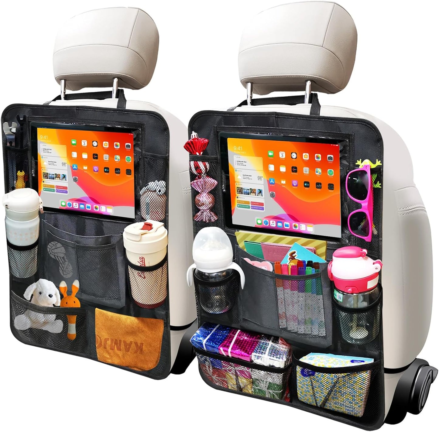 Backseat Organizer for Car, 2 PCS Seat Back Cover for Kids Toddlers with 10 Storage Pockets & 11″ Tablet Holder, Waterproof Back Seat Protector for Snacks Toys, Travel Accessories