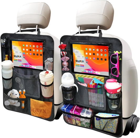 Backseat Organizer for Car, 2 PCS Seat Back Cover for Kids Toddlers with 10 Storage Pockets & 11″ Tablet Holder, Waterproof Back Seat Protector for Snacks Toys, Travel Accessories
